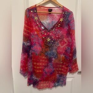 Etc women’s medium/large sheer swim coverup tunic blouse. beading, made in India